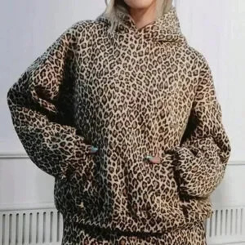 Multicolor Casual Women's Leopard Print Thermal Lined Streetwear Hoodie